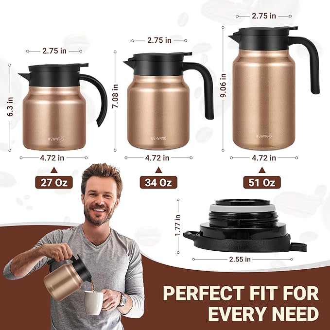 34Oz Thermal Coffee Carafes For Keeping Hot/Cold, Stainless Steel Coffee Carafe, Dustproof Insulated Water Carafe for Party/Home,Copper