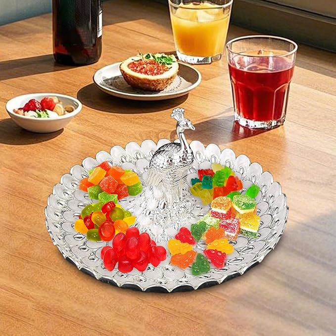 Fruit Dish Cosmetic Tray Peacock Sturdy Snack Storage Plate Vanity Storage Holder Serving Tray for Trinket Jewelry Wedding, Silver White