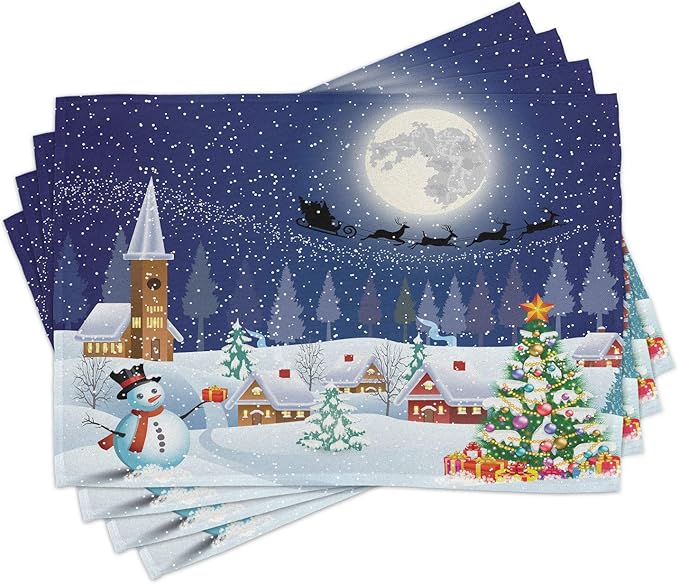 Ambesonne Christmas Place Mats Set of 4, Winter Season Snowman Xmas Tree Santa Sleigh Moon Present Boxes Snow and Stars, Washable Fabric Placemats for Dining Table, Standard Size, White Blue