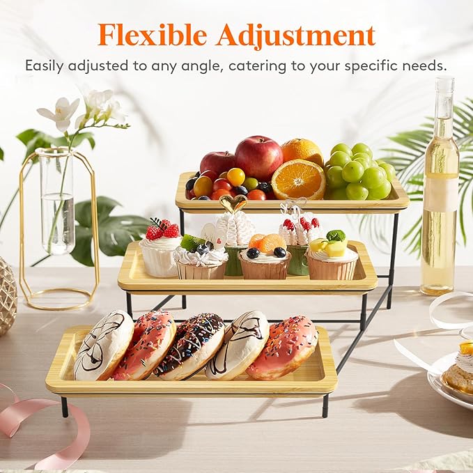 Lifewit 3 Tier Bamboo Serving Tray for Party Supplies, 12" x 6.5" Platters for Serving Food, Reusable Trays with Black Metal Display Stand for Veggie, Fruit, Cookies, Dessert
