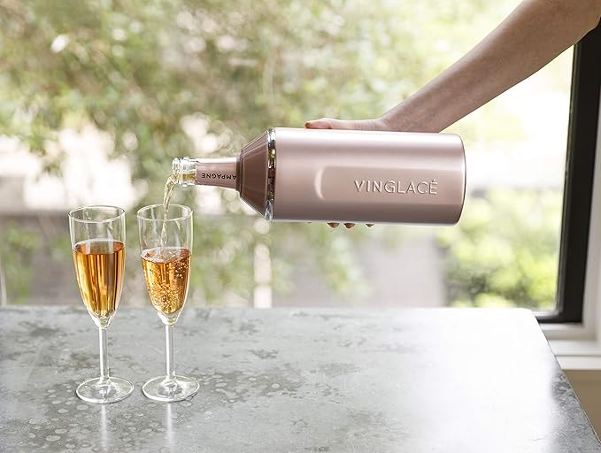 Vinglacé Wine Bottle Chiller Gift Set- Portable Stainless Steel Wine Cooler with 2 Stemless Wine Glasses, Rose Gold