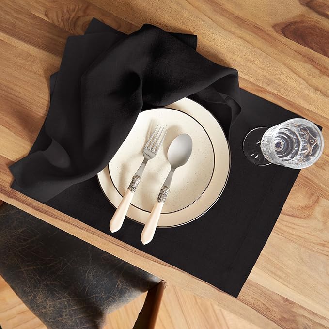 Solino Home 100% Pure Linen Placemats Set of 6 - Black 14 x 19 Inch Table Place Mats for Christmas, Winter, New Year - Sonoma, Machine Washable