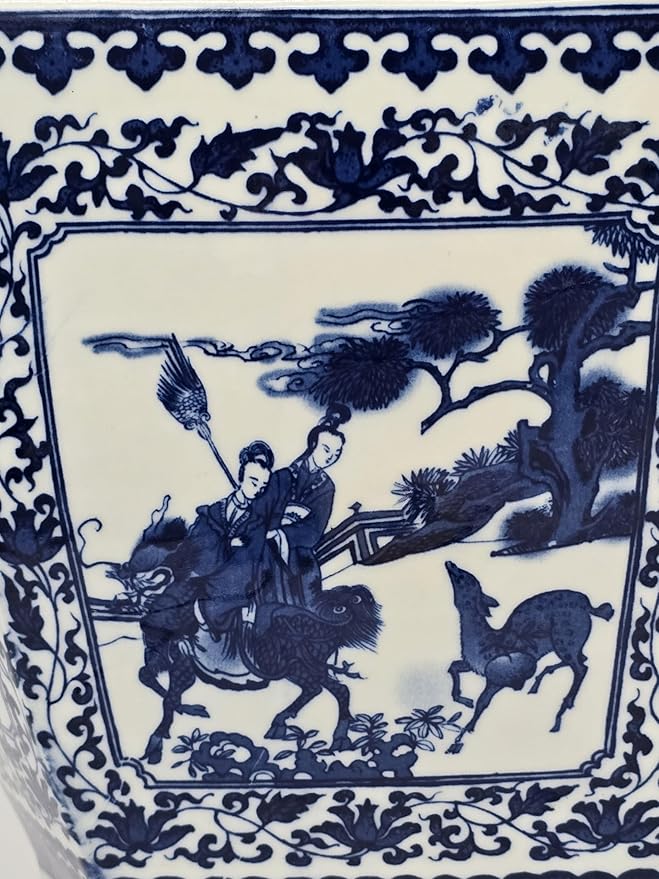 21" Classic Blue and White Hexagonal Porcelain Vase, Figure Dragon Ears Ceramic China Qing Style （D3）
