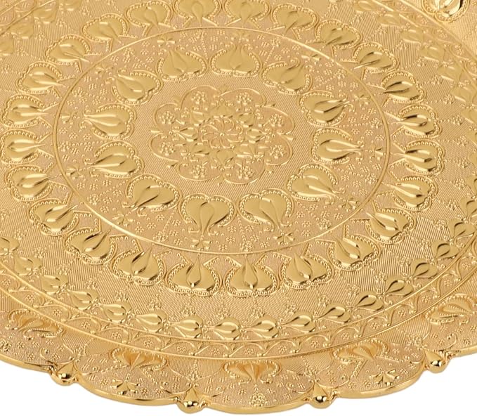 Fydun Turkish Ottoman Tea Coffee Serving Tray, Vintage Embossed Tray, Pattern Round Plate for Bar Outdoor Dessert Drinks Breakfast Dinner Golden (Gold)