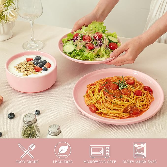 6 Piece Dinnerware Sets for 2, Dual Glaze Stoneware Plates and Bowls Set, Microwave and Dishwasher Safe, Pink
