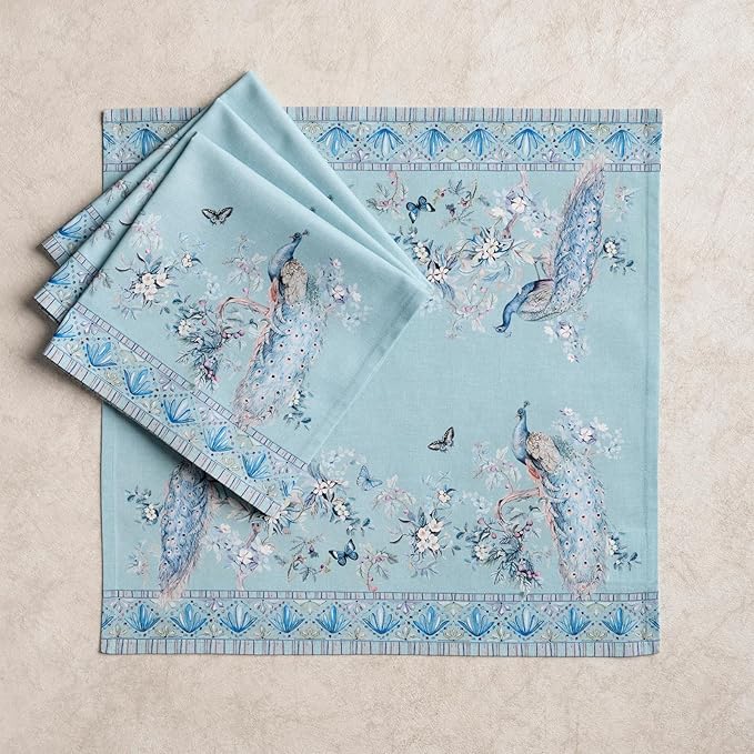 Maison d' Hermine Napkin 100% Combed Cotton Premium Set of 4 Decorative Washable Table Cloth Napkins for Dining, Home, Wedding, Banquet, Peacock Utopia - Pastel Turquoise (20”x20”)