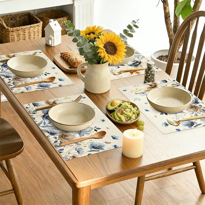comfoyar Brown Grey Poppy Flowers Placemats Set of 4, 12x18 Inch Non-Slip Linen Spring Watercolour Floral Place Mats, Washable Absorbent Vintage Table Mats for Kitchen Dining Party Table Decoration