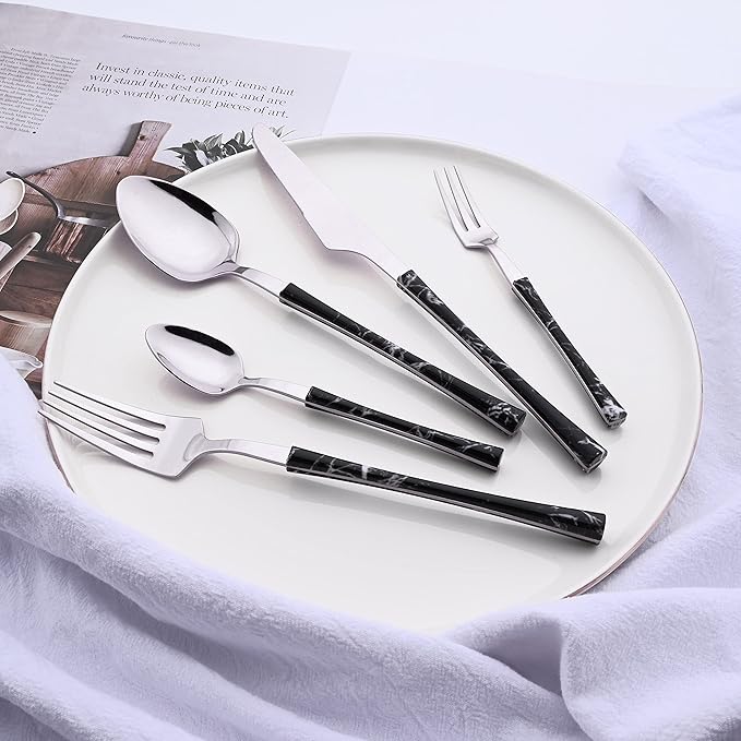 24PCS Silverware Set 18/0 Stainless Steel Flatware Set for 6 Includes 6 Dinner Knife/6 Dinner Fork/6 Dinner Spoon/6 Teaspoon Mirror Polished Cutlery for Home - Black Silver Eating Utensils