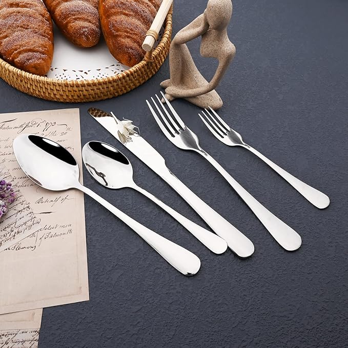 JASHII 25-Piece Fork Spoon Knife Silverware Set with Serving Utensils for 4, Food Grade Stainless Steel Flatware Cutlery Set for Home and Restaurant, Dishwasher Safe - Shiny Silver