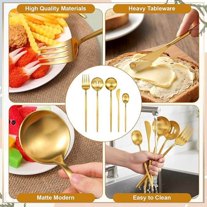 5 Pcs Gold Stainless Steel Serving Utensils Set 10 Inch Gold Serving Flatware Set, Includes Servings Fork, Slotted Spoon, Sugar Spoon, Butter Knife for Buffet, Wedding, Party