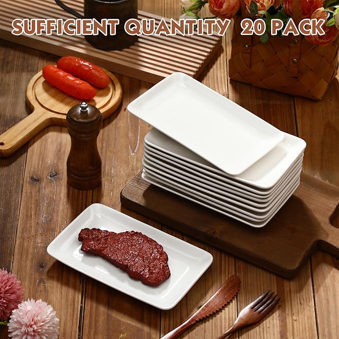 Irenare 20 Pcs 8 Inch Rectangular Salad Plates White Rectangular Porcelain Dessert Plates Appetizer Serving Tray Porcelain Platters for Fruit Sushi Dinner Parties, Microwave, Oven Safe