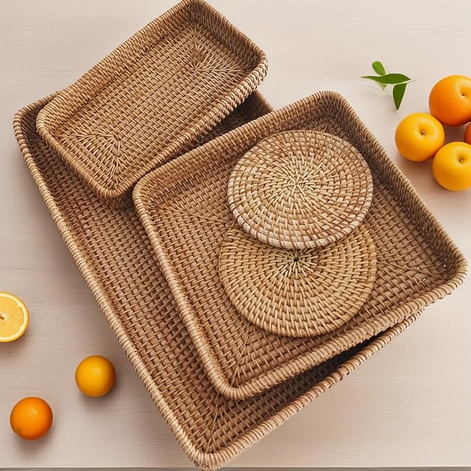 Rattan Tray Rectangle, Rattan Basket Set of 5, Wicker Decorative Serving Tray Fruit Baskets Food Serving Holders Woven Baskets for Storage Home Kitchen Restaurant Decor