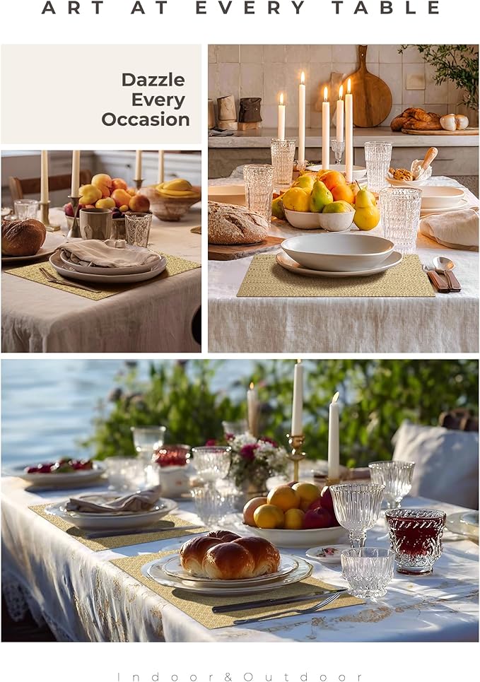 Leetaltree Sparkling Gold Sequin Woven Vinyl Placemats, Set of 8 - Waterproof & Washable Dining Table Mats for Wedding, Anniversary, Daily Use, Hand-Cut