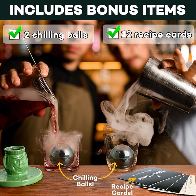 Jigger N' Dash Cocktail Smoker Kit with Torch, Tiki Top Whiskey Smoker, Bourbon Gifts for Men Old Fashioned Smoker Kit Whiskey Infuser Kit Bourbon Smoker Kit Whiskey Smoker Set (Green Tiki)