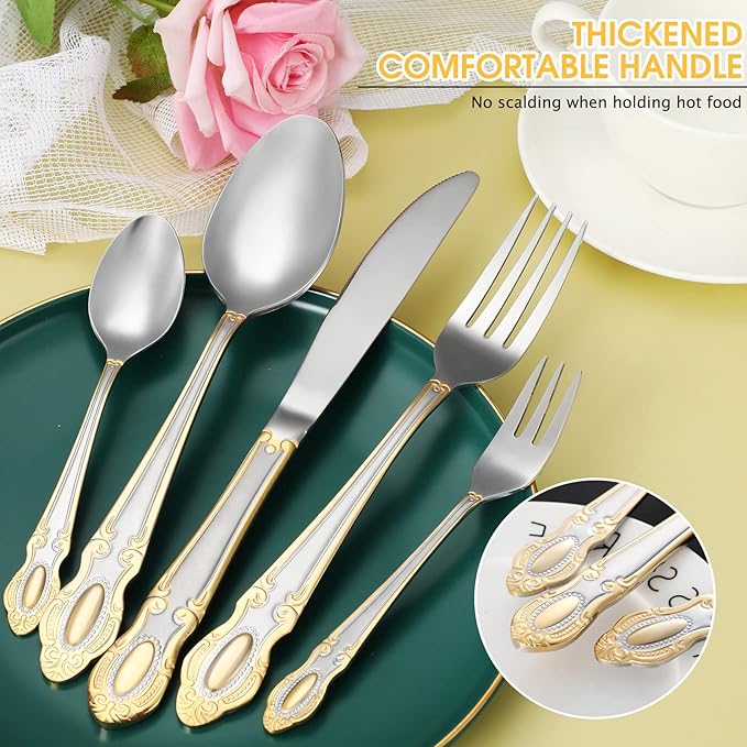 Coume 40 Pcs Gold and Silver Flatware 18/10 Stainless Steel Flatware Set for 8 Fork and Spoon Silverware Set Gold Silver Utensils for Wedding Family Gatherings Hotel, Dishwasher Safe