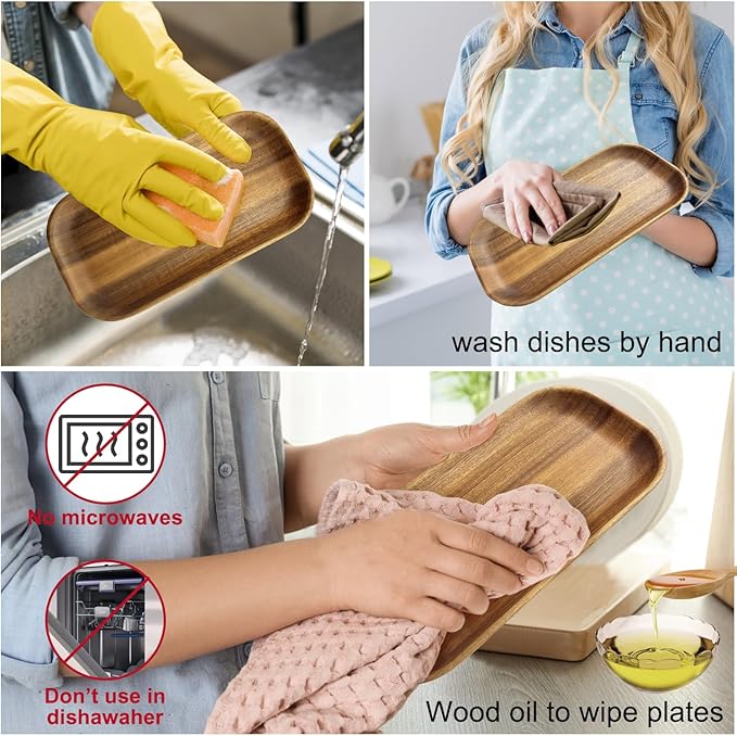 Acacia Wooden Plates Set of 3, 8/8/10 Inch Rectangular Serving Platters for Charcuterie, Appetizers, Acacia Wood Plates, Stackable Dinnerware Trays for Kitchen, Party & Entertaining (Rectangular Tray)