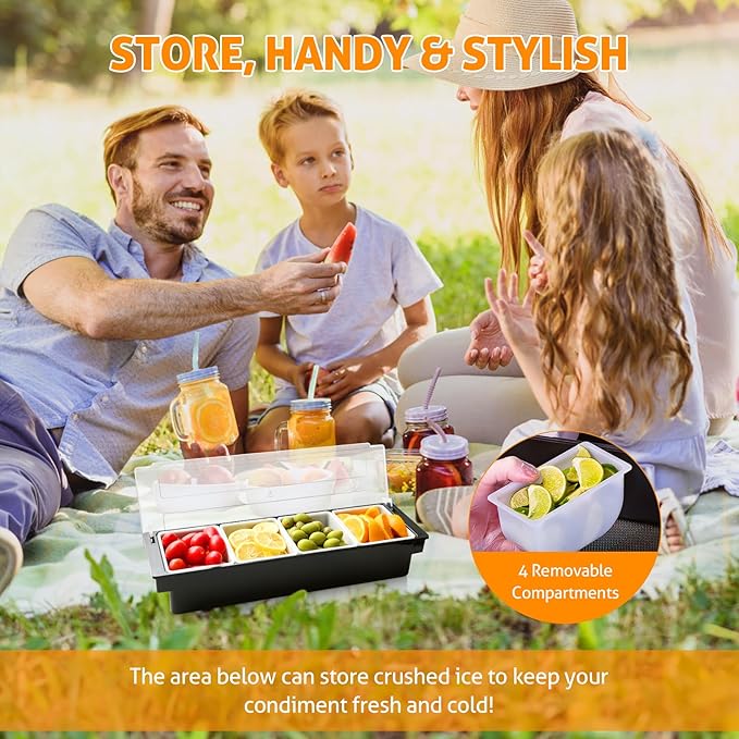 WICHEMI Condiment Container with Lid Ice Chilled Condiment Server with Ice Tray Fruit, Veggie & Condiment Caddy Plastic Garnish Station for Bartending Serving Taco, Salad Bar Container (4 Compartment)