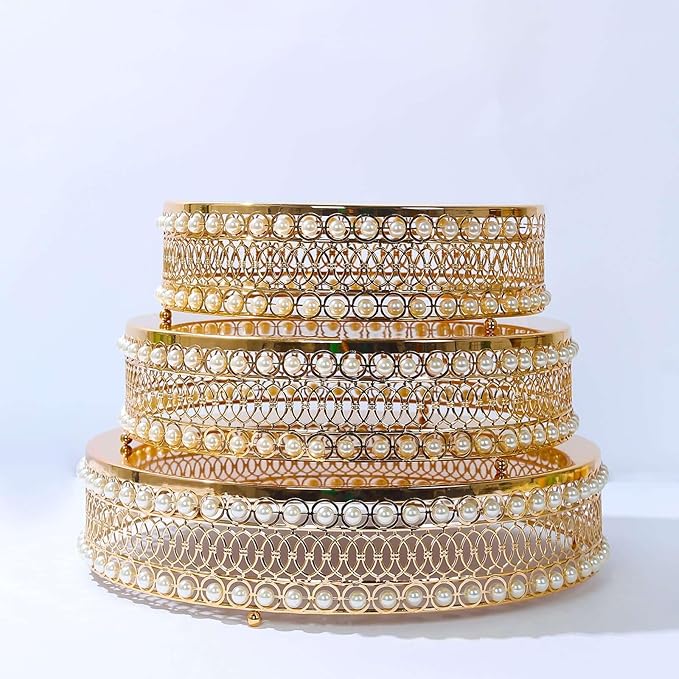 Efavormart Set of 3 Pearl Beaded Gold Metal Cake Stands with Mirror Top, Stackable Round Cupcake Holder Dessert Display Stands - 12",14",16"