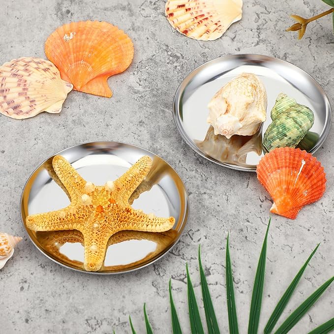 2 Pcs Silver Tray, 4 Inch Stainless Steel Round Serving Tray Circle Jewelry Trays Decorative Coffee Table Trays Display Serving Platter Candle Plate for Bathroom, Candle, Perfume, Countertop