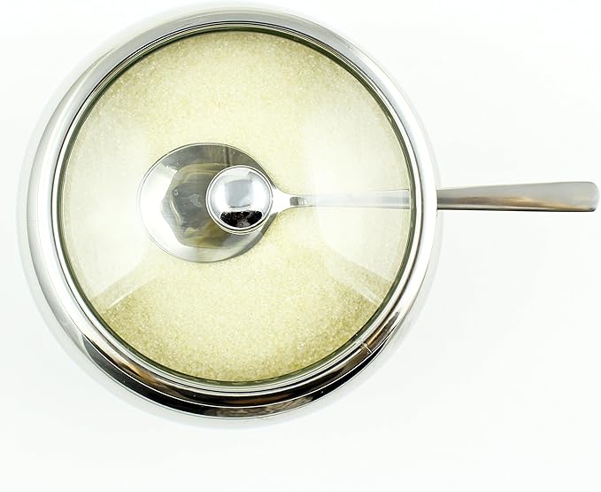Zoie + Chloe Stainless Steel Sugar Bowl with Glass Lid - Bonus Spoon - 2 Cup Capacity (500ml)