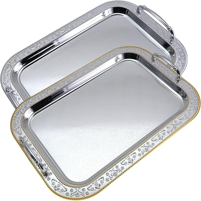 (Pack of 2) 16.5 inch x 11.8 inch Oblong Chrome Plated Serving Tray with Handles Stylish Design Floral Engraved Iron Gold Edge Decorative Party Wedding Buffet Wine Platter Plate FST-012