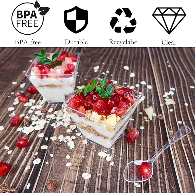 100 Pack 2 oz Mini Dessert Cups with Spoons, Square Clear Plastic Appetizer Cups, Reusable Parfait Cups, Small Dessert Bowls for Serving Fruit Ice Cream Pudding Yogurt