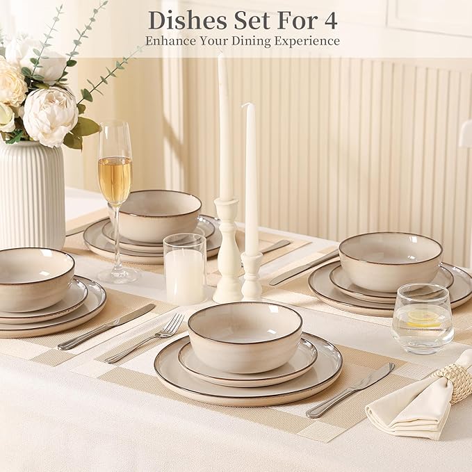 Ceramic Plates and Bowls Sets: 12 Piece Porcelain Dinnerware Sets, Stoneware Kitchen Dishes Set for 4, Scratch Resistant Plate Set, Microwave Dishwasher Oven Safe, Reactive Glaze (Beige)