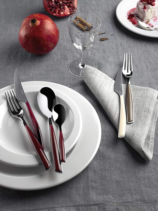 BUGATTI, Glamour 4 Piece Cutlery Set 18/10 Stainless Steel Red Handle Cutlery Set for 1 Person 1 Spoon Fork Knife Teaspoon