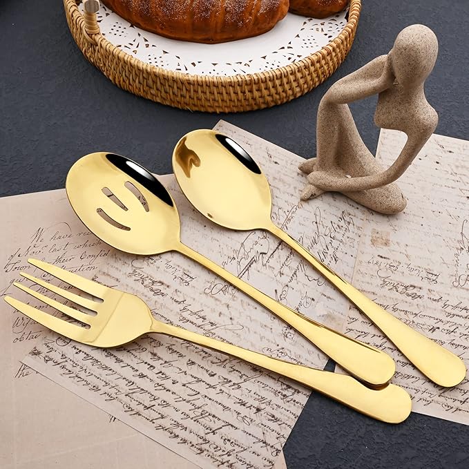 JASHII 25-Piece Fork Spoon Knife Silverware Set with Serving Utensils for 4, Food Grade Stainless Steel Flatware Cutlery Set for Home and Restaurant, Dishwasher Safe - Shiny Gold