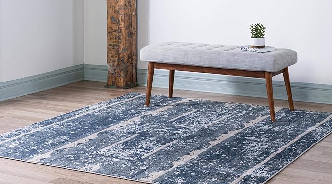 Rugs.com Oregon Collection Rug – 4 Ft Square Blue Low-Pile Rug Perfect for Living Rooms, Kitchens, Entryways