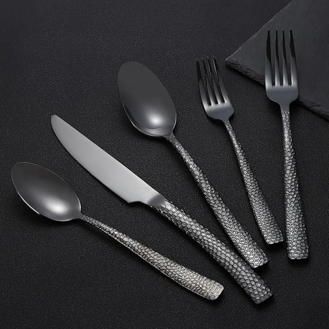 30-Piece Black Silverware Set, Heavy Duty Hammered 18/10 Stainless Steel Flatware, Food-Grade Cutlery, Tableware Including Fork Knife Spoon - Dishwasher Safe
