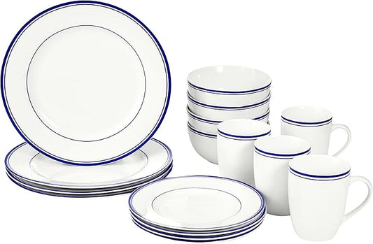 Amazon Basics 16-Piece Cafe Stripe Dinnerware Set, Microwave and Dishwasher Safe, Plates, Bowls, Mugs, Service for 4, Blue