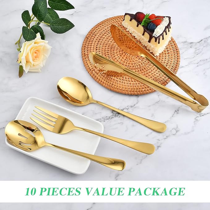 20.99 Worldity 10 Pieces Stainless Steel Flatware Serving Utensils Large Serving Spoon Set Multipurpose Gold Serving Utensils for Home Restaurant Party Dishwasher Safe Gold