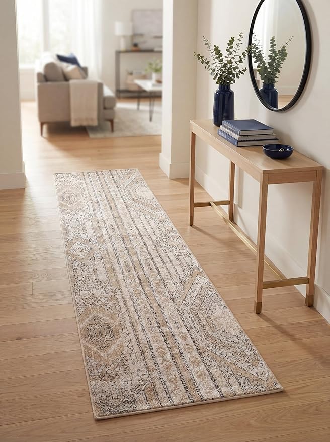 Rugs.com Oregon Collection Rug – 10 Ft Runner Ivory Low-Pile Rug Perfect for Hallways, Entryways