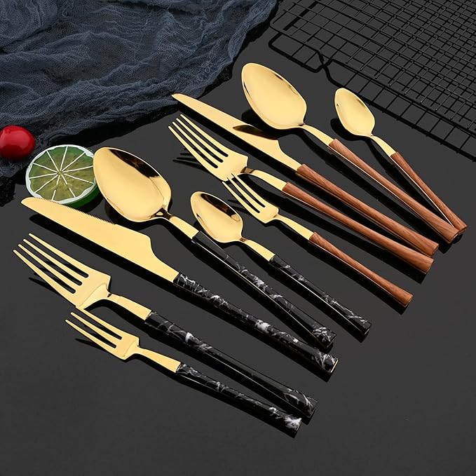 JASHII 24pcs Stainless Steel Marble Texture Handle Cutlery Set, Knife Fork Tea Spoon Silverware Kitchen, Silver Flatware Set for 6, Mirror Polished Small Waist Handle - Black&Gold