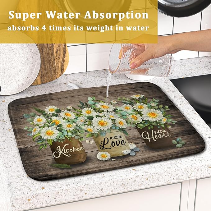Flower Vase Dish Drying Mats 16x18 Inch Rustic Wood Reversible Microfiber Kitchen Countertop Protector Fast Dry Dish Drainer Rack Pad