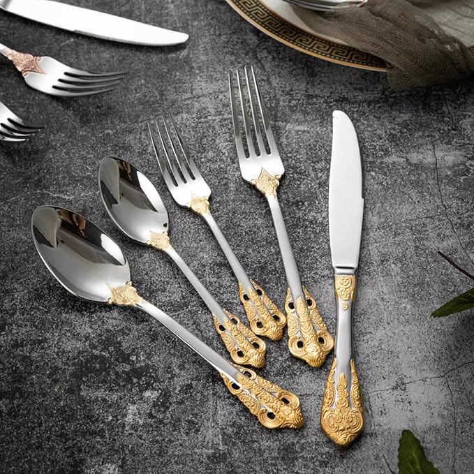 Royal 30-Piece Flatware Set, 304 Stainless Steel Silverware with Gold Accents, Service for 6, Mirror Polished, Dishwasher Safe