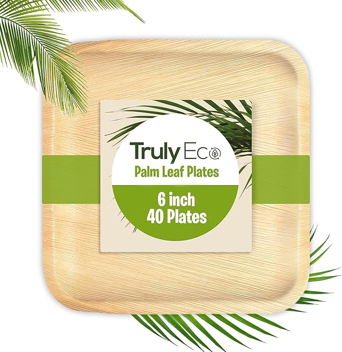 6 Inch 40 Square Palm Leaf Plates – Compostable, Biodegradable, Eco-Friendly – Like Bamboo Disposable Plates for Party, Wedding, Picnic – Sturdy, Heat Proof & Leak Proof