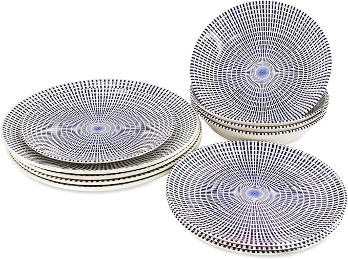 Tudor Royal Collection 12-Piece Round Dinnerware Set, Service for 4, Singapore Design, Blue Spiral, Plates Bowls Dishes, High-Gloss Premium Quality