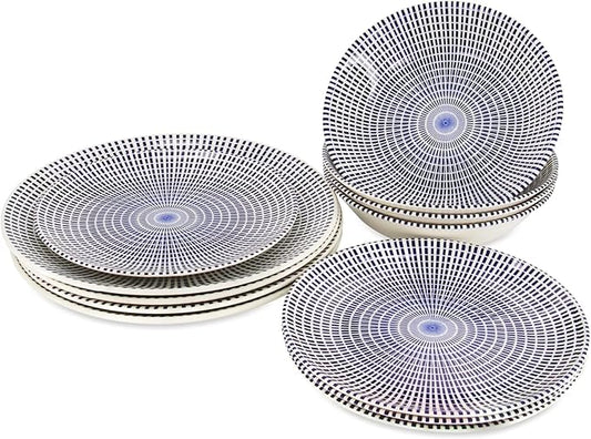 Tudor Royal Collection 12-Piece Round Dinnerware Set, Service for 4, Singapore Design, Blue Spiral, Plates Bowls Dishes, High-Gloss Premium Quality