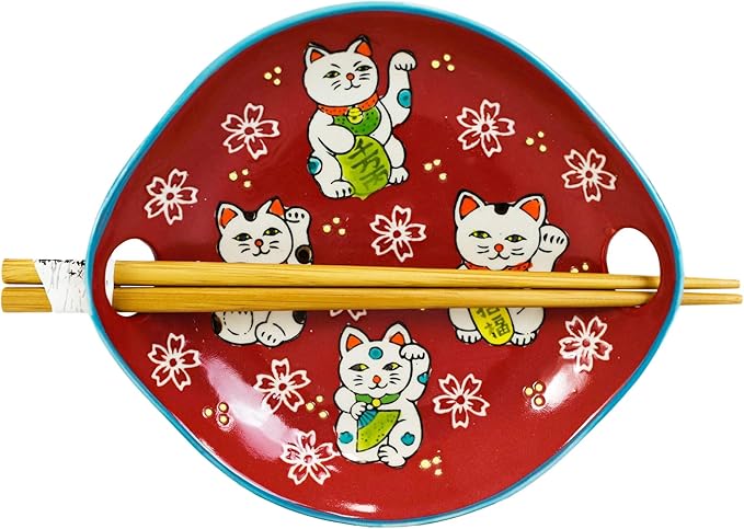 Ebros Red Maneki Neko Lucky Cat Appetizer Snack Serving Coupe Plate Dish With Chopsticks And Built In Rest Set Small Flat Bowl For Hors D'oeuvres Sushi Ice Cream Serveware Plates (1)