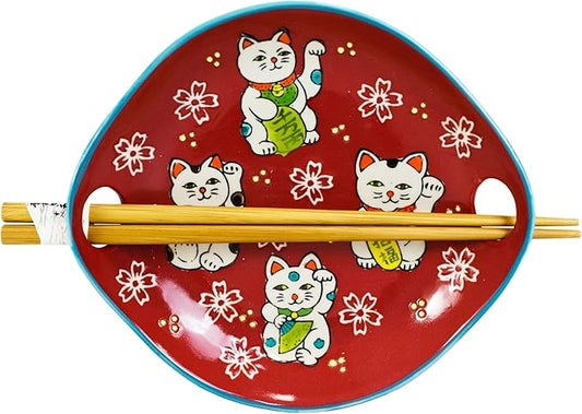 Ebros Red Maneki Neko Lucky Cat Appetizer Snack Serving Coupe Plate Dish With Chopsticks And Built In Rest Set Small Flat Bowl For Hors D'oeuvres Sushi Ice Cream Serveware Plates (1)