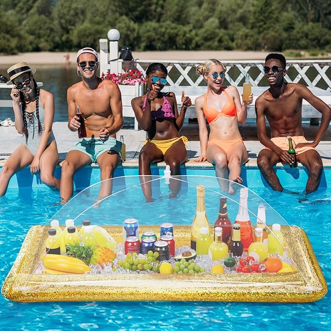8 Pcs Glitter Inflatable Serving Bar Kit Includes 2 Salad Buffet Tray with Drain Plug 5 Mesh Food Cover 1 Inflator Inflatable Food Drink Containers for Outdoors Pool Party Camping(Gold)