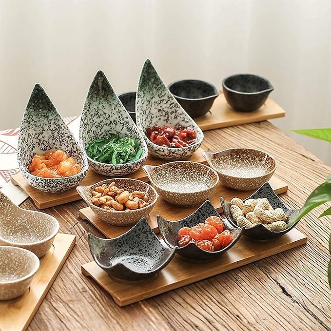 Appetizer Plate Japanese Style Sauce Dish - Dip Bowls Set of 3 Ceramic Sauce Dish Seasoning Dishes Sushi Dipping Bowl Appetizer Plates Serving Dish with Tray Snack Plate