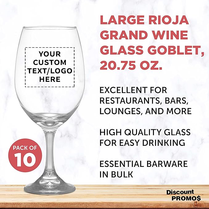 Custom Rioja Grand Wine Glasses 20.75 oz. Set of 10, Personalized Bulk Pack - Perfect for Hotel, Bar, Restaurant or Lounge - Clear
