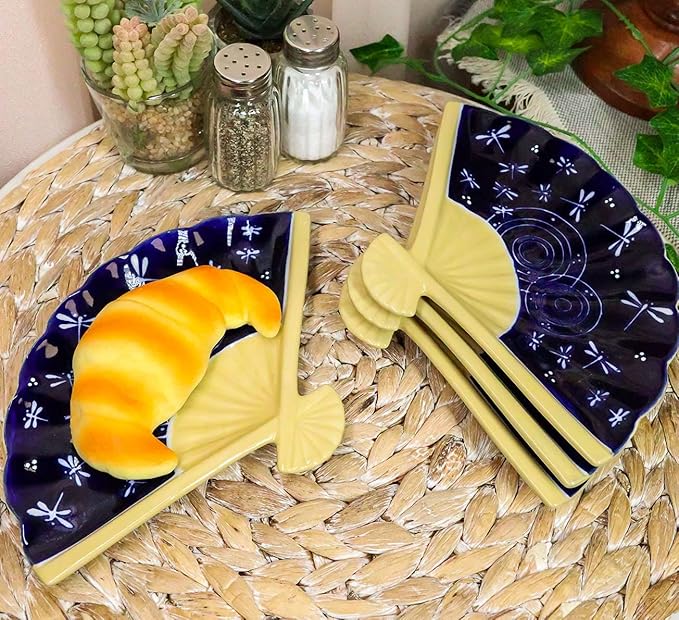 Ebros Pack Of 4 Colorful Oriental Folding Fan Shaped Appetizer Sushi Dessert Serving Dish Plates Decorative Asian Themed Artistic Dinner Lunch Serveware Plate Set (Blue Midnight Ripple Dragonflies)