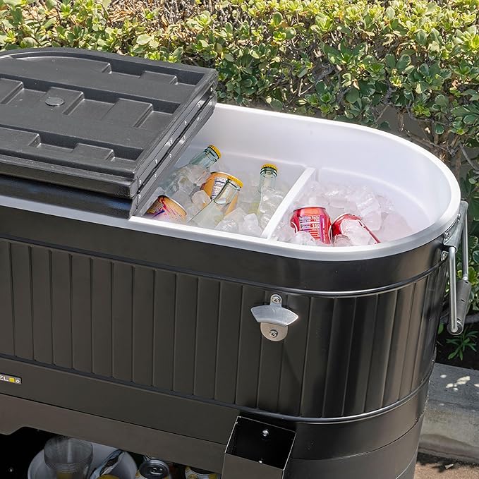 Permasteel Rolling Patio Cooler – Large Outdoor Ice Chest with Wheels, Beverage Cooler for Backyard, BBQ, Tailgate, Beach, Parties, Rustic Farmhouse Design