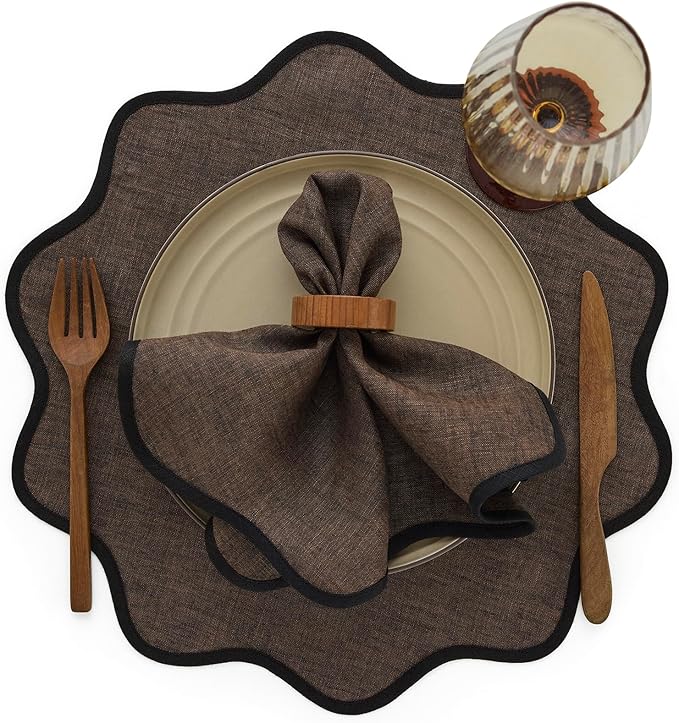 Solino Home Scallop Linen Placemats Set of 4-100% Pure Linen Black and Chambray Brown Round Cloth Placemats 16 Inch for Christmas - Giselle Scallop Edge, Handcrafted and Machine Washable