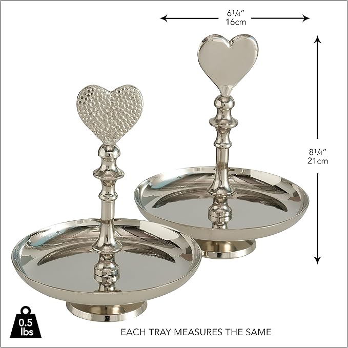 Heart Handle Serving Trays, Set of 2, Single Tier, Handmade, Gleaming Silver Metal, Circular, Pedestal Base, Aluminum, 8.25 Inches