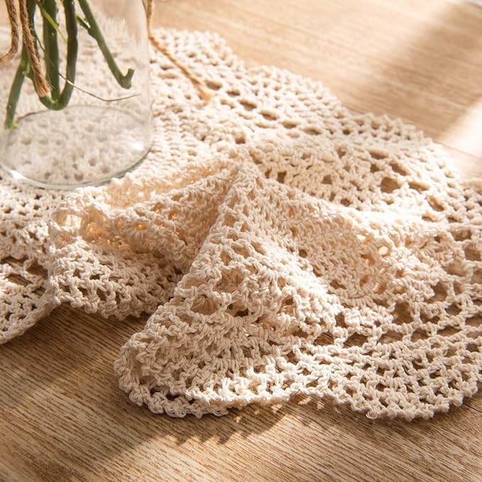 Handmade Rectangle Doilies, 2-Piece Handmade Crochet Cotton Doilies Lace Table Crochet Placemats Coaster (Beige)